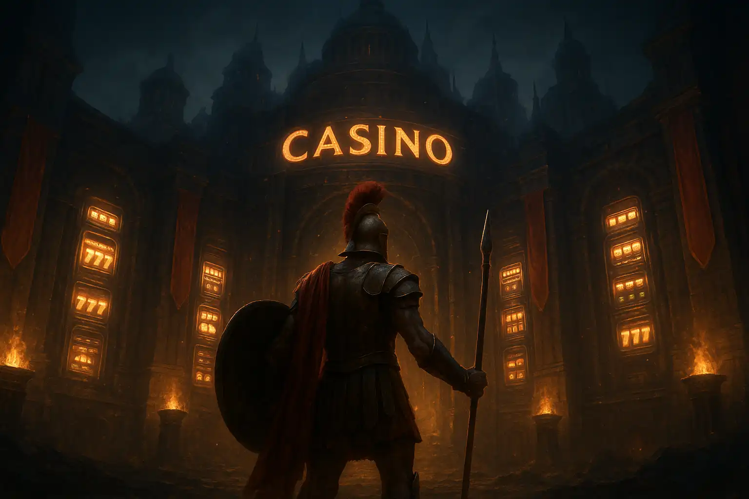 Spartan warrior standing before a glowing casino citadel with bronze armour and torchlight