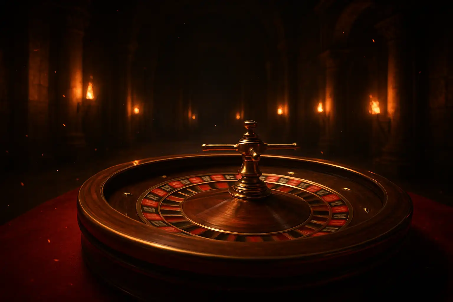 Bronze-trimmed roulette wheel spinning under torchlight in a Spartan hall