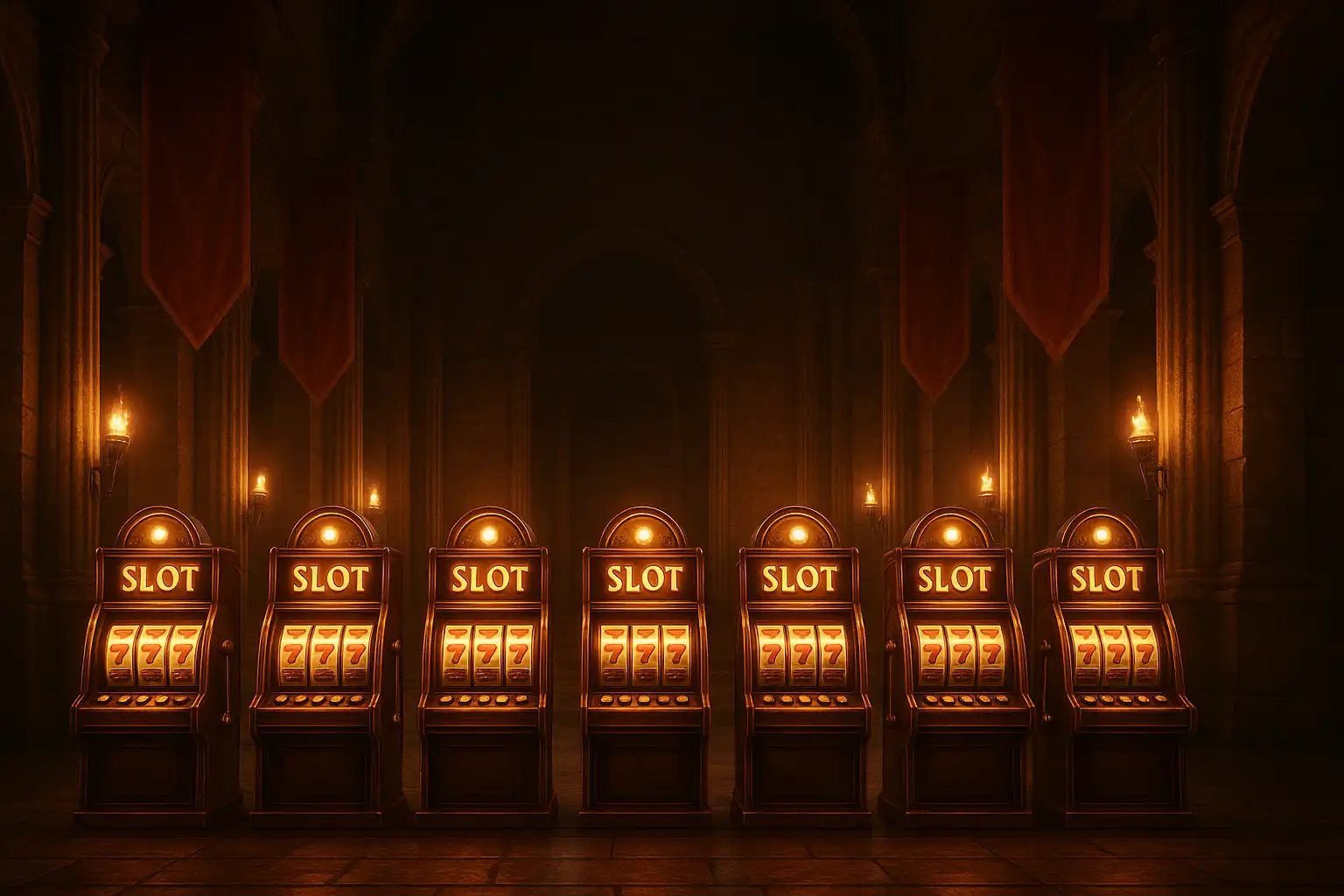 Rows of glowing bronze slot machines inside a Spartan citadel hall